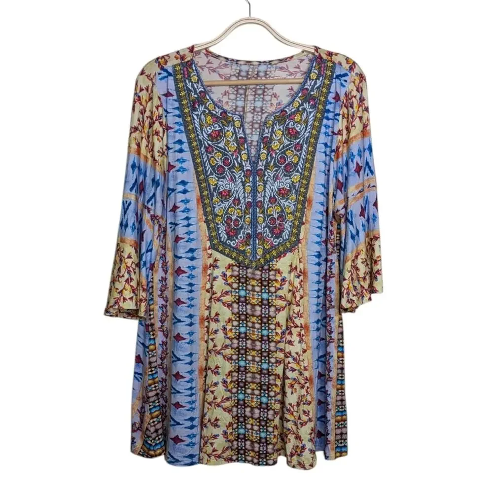 Soft Surroundings Fifi Tunic Top XL Embroidered Mixed Print Bell Sleeve Floral - Picture 2 of 13